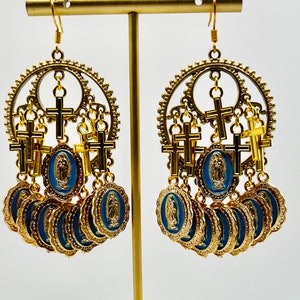 Gorgeous Our Lady Miracle Gold/Grecian Blue chandelier earrings