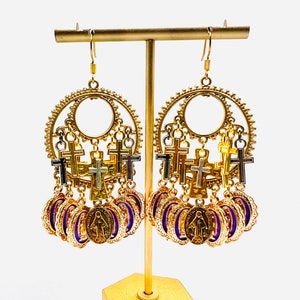 Gorgeous Our Lady Miracle Gold/Purple chandelier earrings