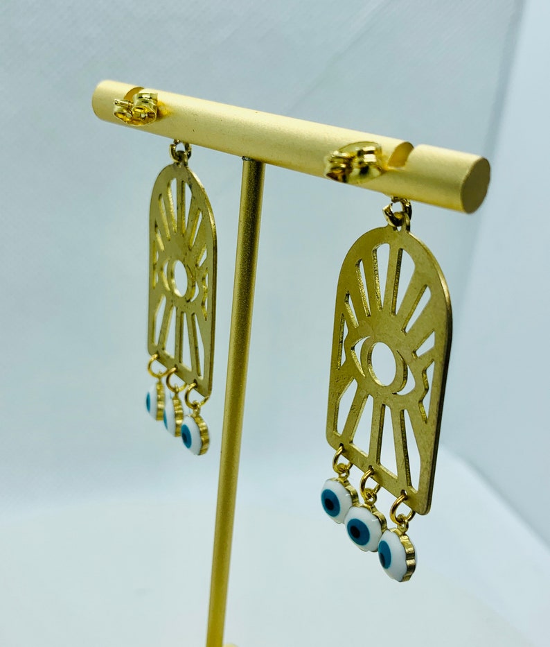 Turkish-Middle Eastern evil eye window pane gold vermeil chandelier drop earrings