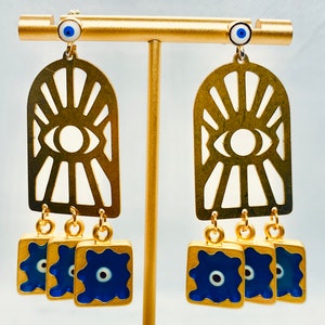NEW COLOR Turkish-Middle Eastern blue evil eye window pane gold vermeil chandelier drop earrings