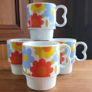 4 tasses Flower Power vintage des années 70 - Tasses sur pied florales rétro Mod 3" - Japon