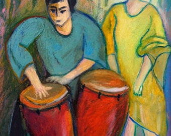 The Conga Drum Lesson - Giclée print of original oil pastel painting, man playing congas, red, yellow, blue, music