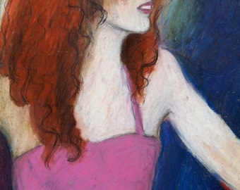 Girl With Red Hair - Giclée print of original oil pastel painting on paper, pink dress, smiling woman