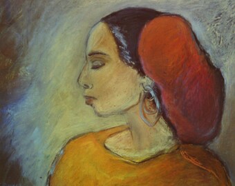 Girl With Red Hair Net - Giclée print of original oil pastel/oil stick painting