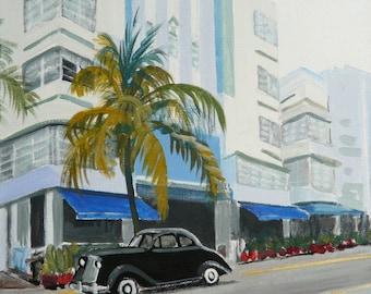 Old Black Car And Palm Tree - acrylic painting on canvas, Miami, Florida, hotel façade