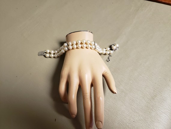 Vintage Faux Double Strand Pearl Bracelet-Sterling - image 3