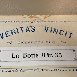 Vintage French Advertising-Wooden Cigar Box Lid with Paper Label-Veritas Vincit Cigars-LARGE!