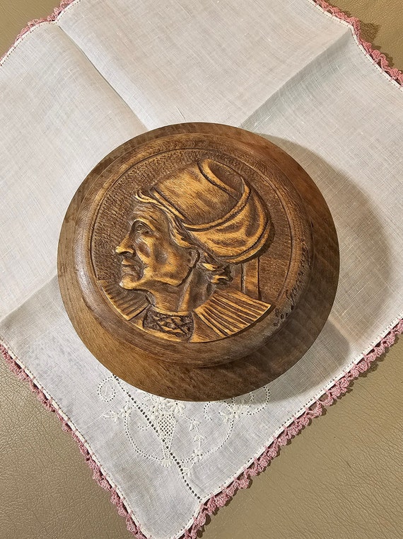 Vintage French Round Wooden Souvenir Trinket or Je