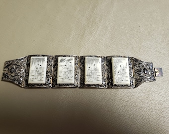 Antique Chinese Export Filigree, Bone, Enameled Silver Bracelet