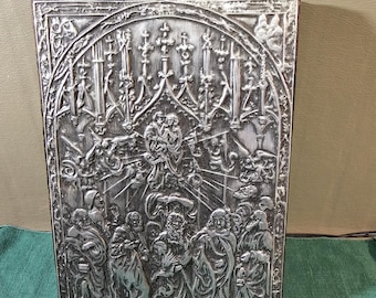 Vintage European Religious Plaque, Silver on Wood, Old Gothic Style