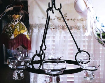 1970s Erik Hoglund 6-glass Wrought Iron and Glass Farmhouse Candle Chandelier 58" Hang