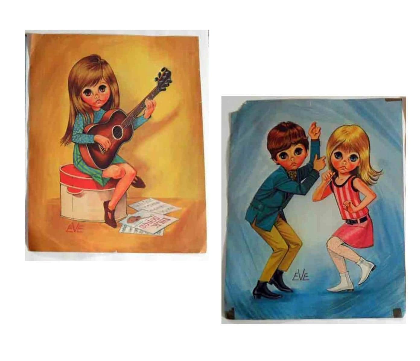 Vintage 1960s Big Eyes Lithograph Prints: Guitar Girl & Dancing