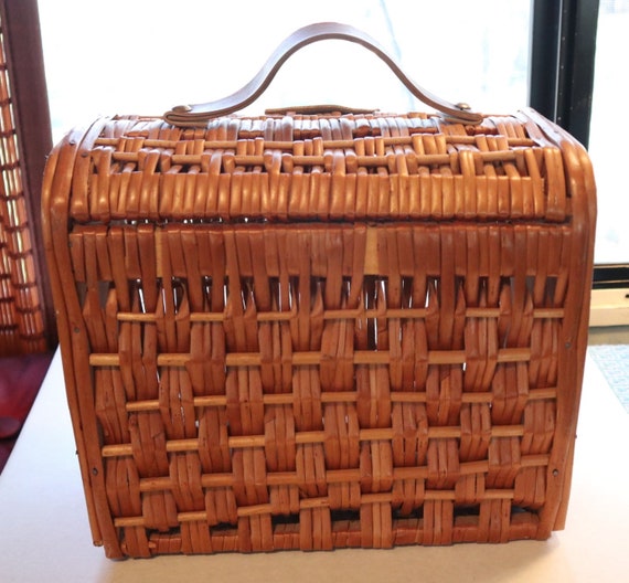 1950s Wicker and Wood Handbag Leather Handle and … - image 4