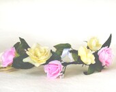 Pastel Rose Handmade Flower Crown, Pink and Yellow Bridal Headpiece