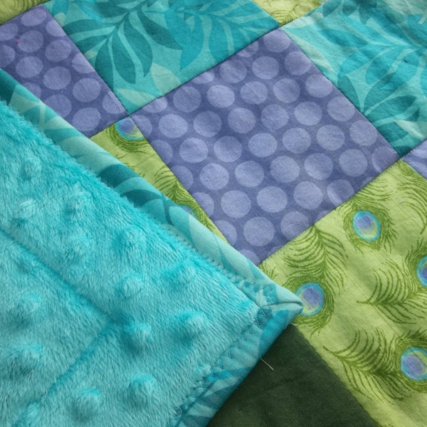 Peacock Baby Quilt, Baby Girl Quilt, Turquoise Peacock Blanket, Purple Carseat Quilt, Minky Baby Quilt