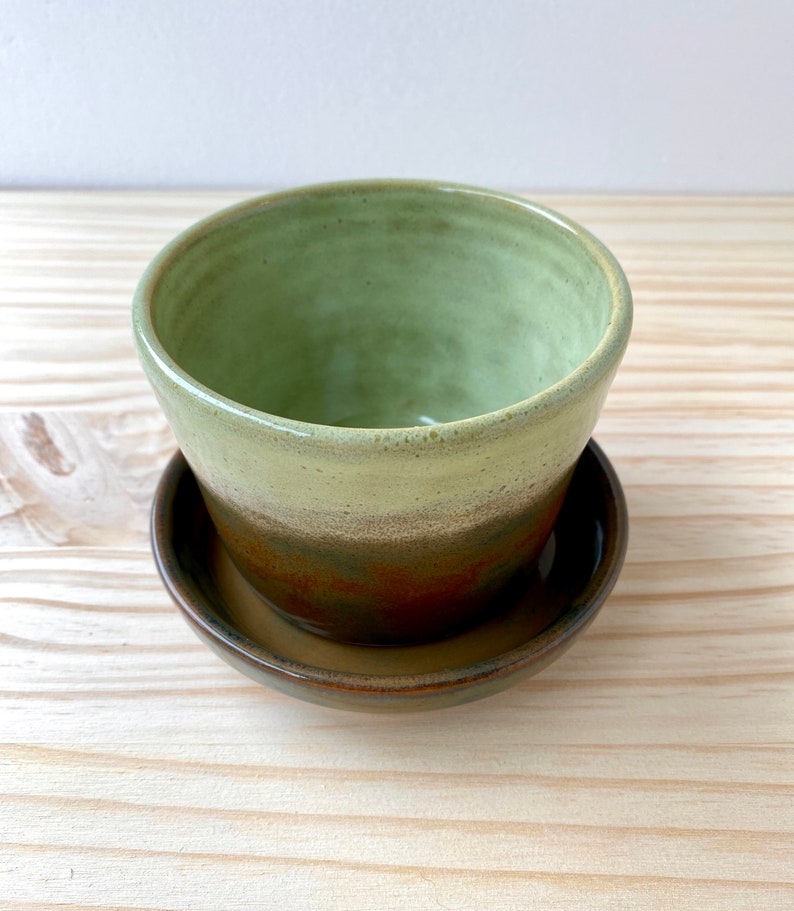 Ceramic Planter With Detached Plate Yellow Green, and Sage Green