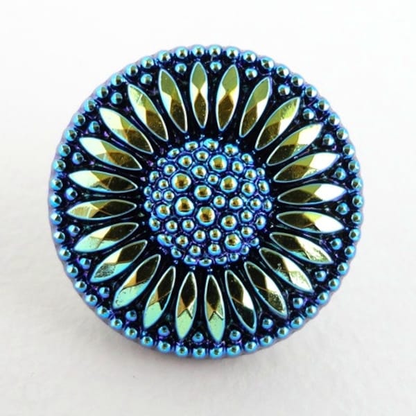 Czech Glass Button - 32mm Blue and Gold Sunflower Hand Painted Czech Glass Button BUT0011