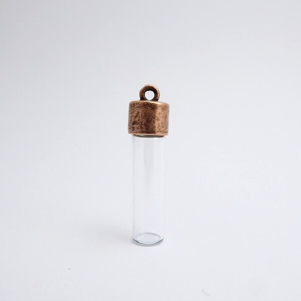 1 x Antique Copper Itsy Bottle,  Keepsake Jar, Glass Vial Pendant, Glass Vial Charm CHM0120
