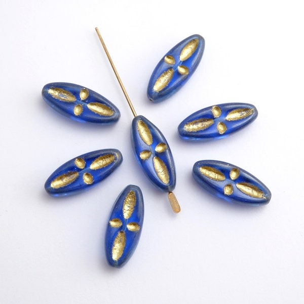 20 x 20x9mm Blue Oval Czech Glass Beads, Blue Glass Beads, Blue and Gold Beads, Blue Oval Czech Beads OVA0113