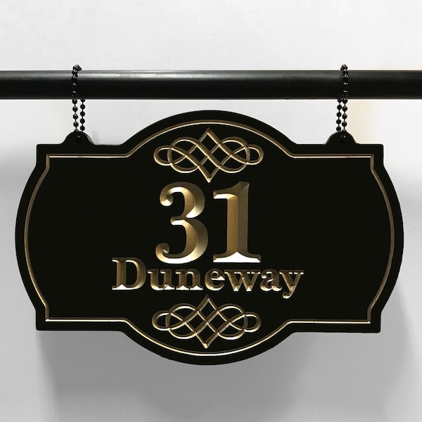 Hanging Elegant Address Sign Engraved House Numbers. Choice of 3 Sizes. Weatherproof 0.5" Solid Surface, Double Sided Option