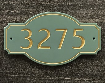 Graceful Address Sign Engraved Designer House Numbers. Choice of 3 Sizes. Fully Customizable, Weatherproof 0.5" Solid Surface Material