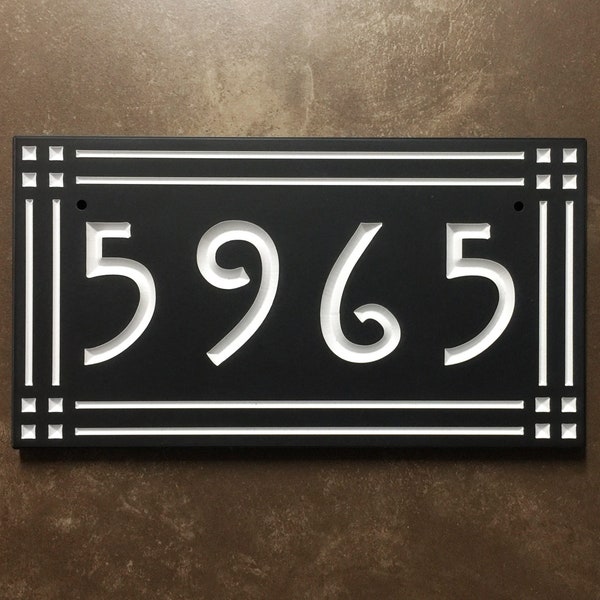 Mission Address Sign Engraved Designer House Numbers. Choice of 3 Sizes. Fully Customizable, Weatherproof 0.5" Solid Surface Material