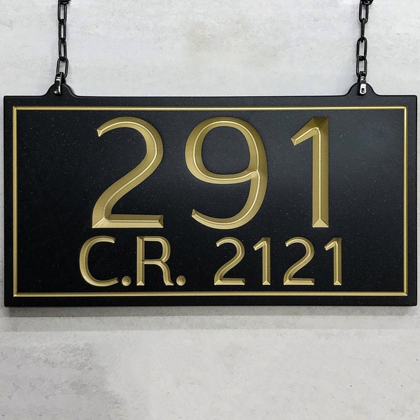 Essential Hanging Address Sign Engraved House Numbers. Choice of 3 Sizes. Weatherproof 0.5" Solid Surface, Double Sided Option