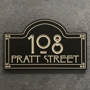 Amalgamation Address Sign Engraved Designer House Numbers. Choice of 3 Sizes. Fully Customizable, Weatherproof 0.5" Solid Surface Material.