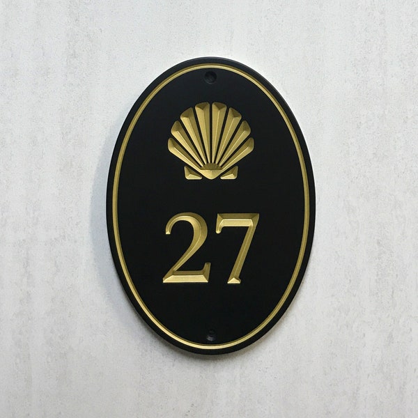 Shell Address Sign Engraved Designer House Numbers. Choice of 3 Sizes. Fully Customizable, Weatherproof 0.5" Solid Surface Material