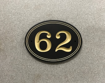 Short Oval Address Sign Engraved Designer House Numbers. Choice of 3 Sizes. Fully Customizable, Weatherproof 0.5&quot; Solid Surface Material