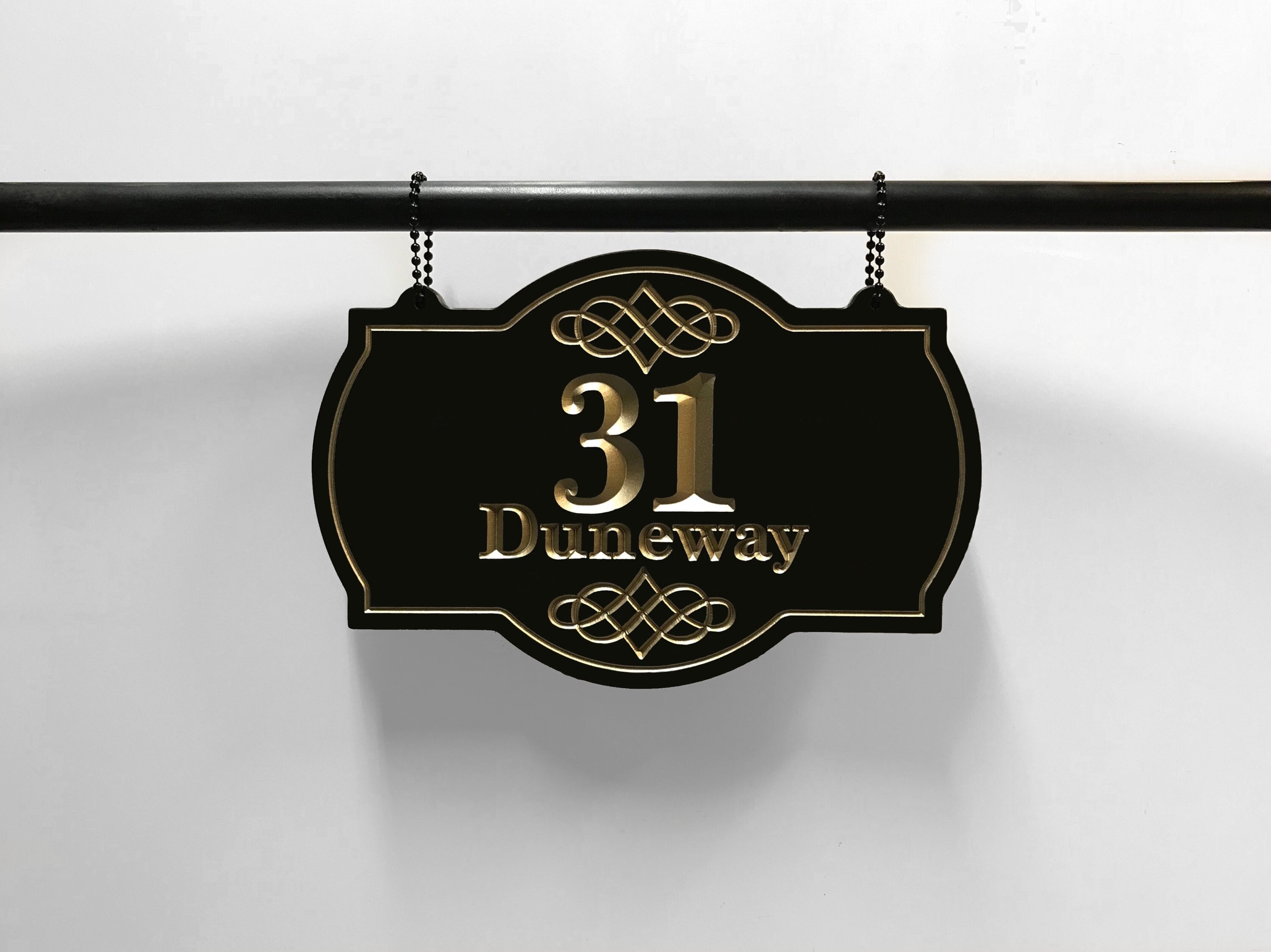 Hanging Elegant Address Sign Engraved House Numbers. Choice of 3 Sizes. Weatherproof 0.5" Solid Surface, Double Sided Option