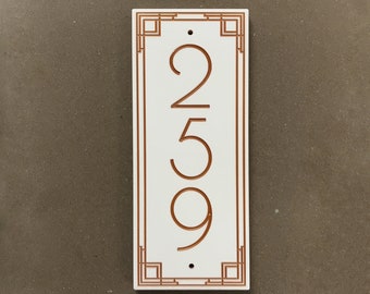 Vertical Beelman Inspired Address Sign Engraved House Number. Choice of 3 Sizes. Fully Customizable, Weatherproof 0.5" Solid Surface