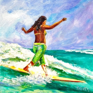 Surfer girl original painting by Patricia Piffath. Gallery wrapped canvas 12&quot; x 12&quot; painted on all sides and varnished for extra protection.