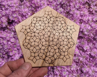 Pentagonal Penrose Tile Set Reclaimed Wood Laser Engraved and Cut Wall Art or Crystal Grid