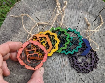 Rainbow Chakra Ornament Set in Lasercut Hand Stained Poplar Ply