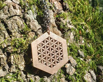 Flower of Life Hexagon Pendant in Cast Solid Bronze with Chain - Sacred Geometry Jewelry - Healing