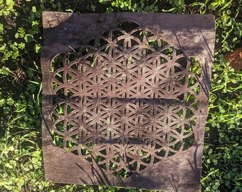 Flower Of Life Altar Cloth or Wall-Hanging in LaserCut Upcycled Earthy Upholstery Fabric - Sacred Geometry Crystal Grid