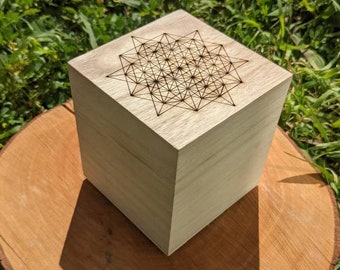 64 Tetrahedron Grid Laser Engraved Cubic Wooden Box - Sacred Geometry - Crystal Grid Storage Box