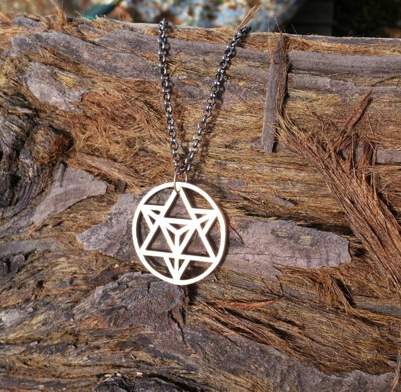 Star Tetrahedron Bronze Pendant with Chain Sacred Geometry image 1