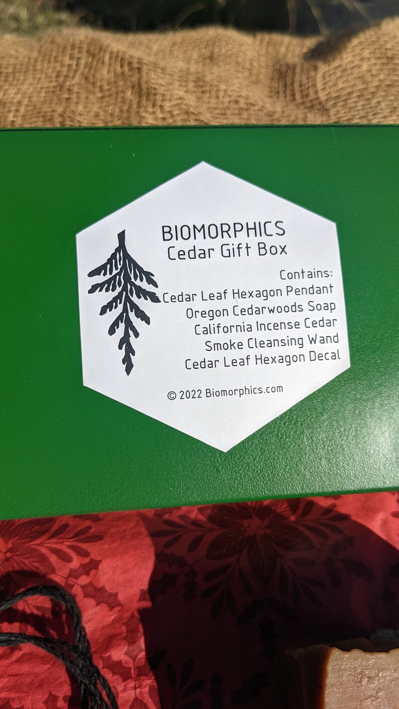 Cedar Gift Box Includes Cast Cedar Leaf Pendant, Oregon Cedarwoods Soap, Cedar Smoke Cleansing Wand, and Cedar Leaf Hexagon Decal image 3