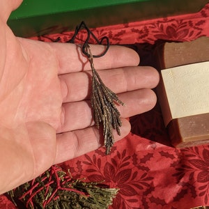 Cedar Gift Box Includes Cast Cedar Leaf Pendant, Oregon Cedarwoods Soap, Cedar Smoke Cleansing Wand, and Cedar Leaf Hexagon Decal Bronze with hemp