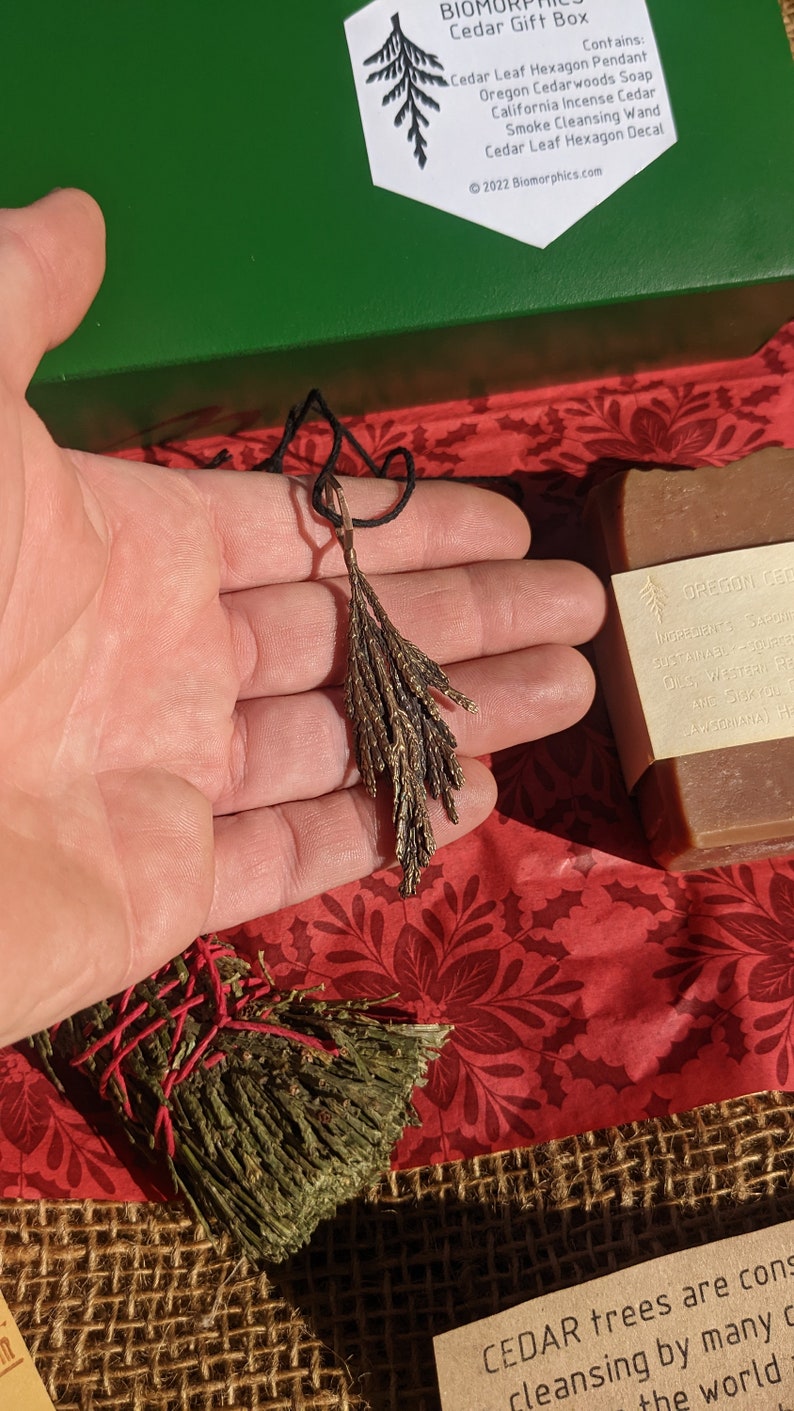 Cedar Gift Box Includes Cast Cedar Leaf Pendant, Oregon Cedarwoods Soap, Cedar Smoke Cleansing Wand, and Cedar Leaf Hexagon Decal Bronze with hemp