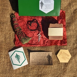 Cedar Gift Box Includes Cast Cedar Leaf Pendant, Oregon Cedarwoods Soap, Cedar Smoke Cleansing Wand, and Cedar Leaf Hexagon Decal image 4