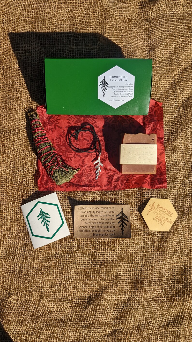 Cedar Gift Box Includes Cast Cedar Leaf Pendant, Oregon Cedarwoods Soap, Cedar Smoke Cleansing Wand, and Cedar Leaf Hexagon Decal image 4