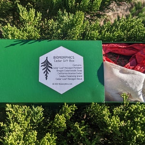 Cedar Gift Box Includes Cast Cedar Leaf Pendant, Oregon Cedarwoods Soap, Cedar Smoke Cleansing Wand, and Cedar Leaf Hexagon Decal image 2
