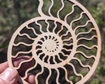 Ammonite Lasercut Wood Wall Art or Crystal Grid - Nautilus Spiral Shell in Poplar Craft Plywood