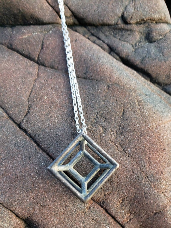 Sacred Geometry Hyperdimensional Cube Hypercube Tesseract Pendant in Oxidized Bronze with 925 Silver Chain