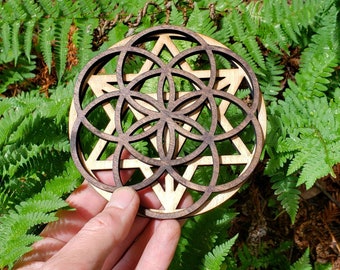 Mini Double Layer Sacred Geometry Wood Art or Crystal Grid - Star Tetrahedron - Seed of Life