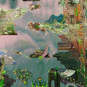 以下が含まれることがあります： チーター、サッカーボール、緑色のハイネケンクーラーとビール瓶、緑色の橋が写っているコラージュ。チーターはバックパックを背負って空を飛んでいる。サッカーボールはクーラーの前に地面に置かれている。橋は背景にあり、頂上に星がある。クーラーには「ハイネケン」の文字が見える。