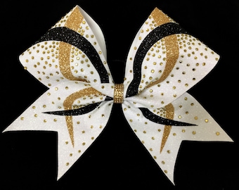 Infinity Rhinestone bow in white glitter with Black/Gold accents